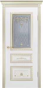 Дверь Трио Корона, эмаль белая + патина белое золото, стекло.