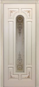  "Аскона",   дверь белая, RAL 1013 с косичкой, золотая патина, Стекло витраж.