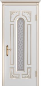 Межкомнатная дверь Октава, белая, патина золото, стекло.