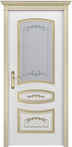Межкомнатная дверь Соната, эмаль белая + патина золото, стекло.