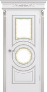 Дверь Рондо В0, эмаль белая, патина розовое золото. Стекло.
